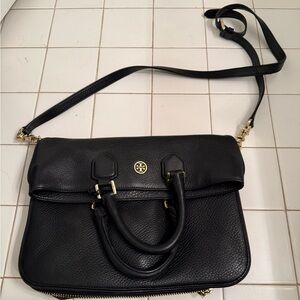 Tory Burch Black Pebbled Leather Convertible Satchel with Gold Hardware